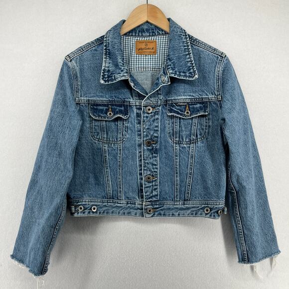 AGOLDE ADRIANO GOLDSCHMIED Jacket Womens L Denim Trucker Crop Blue USA VTG - Picture 1 of 16